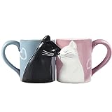MengCat Gato 2 Tazas de café, Conjunto de Tazas de té de cerámica únicas, Beso Regalo a Juego...